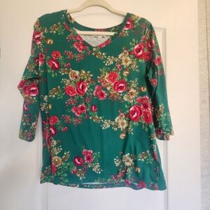 Pioneer Woman Floral V-Neck Top - Teal with Pink Rose Print M Euc